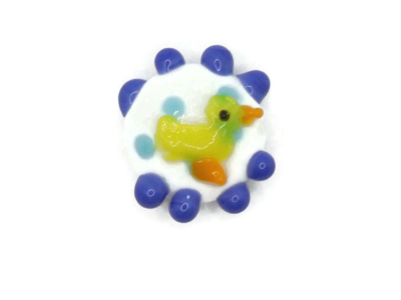 19mm White with Blue Dots and a Duck Bead Flat Round Coin Lampwork Glass Bead